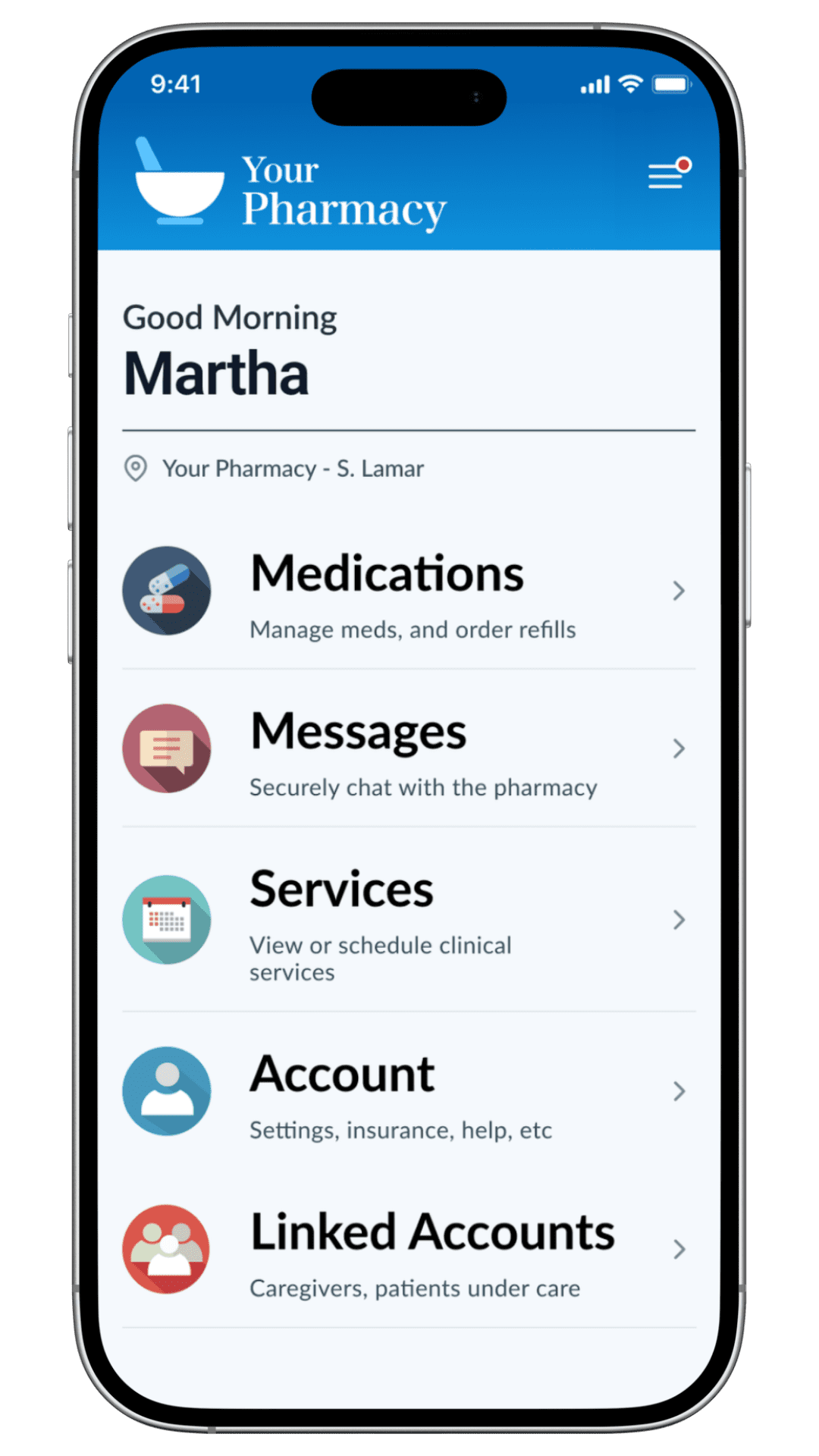 The Remington Drug patient portal home screen on a phone, showing Medications, Messages, Services, Account, and Linked Accounts