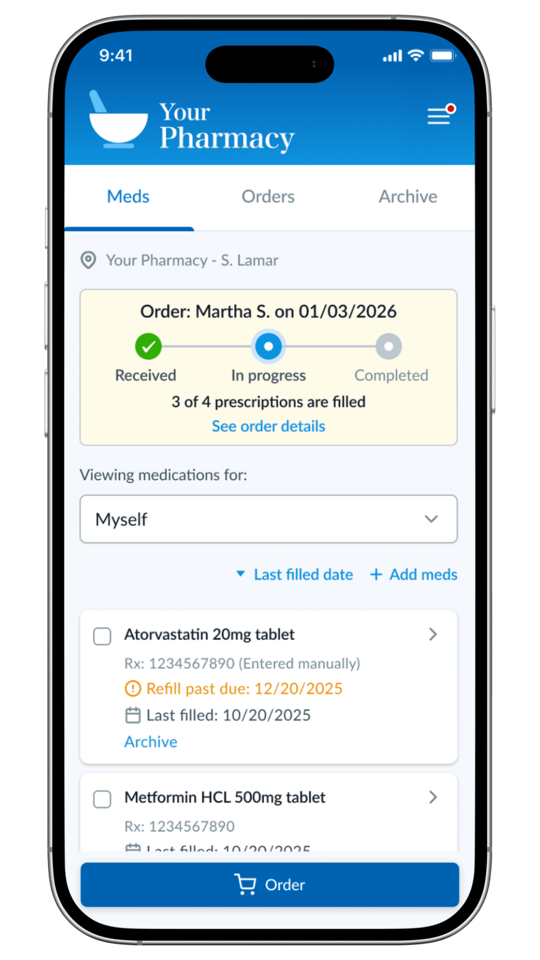 The Remington Drug patient portal medications screen on a phone, showing an order in progress and a list of prescriptions